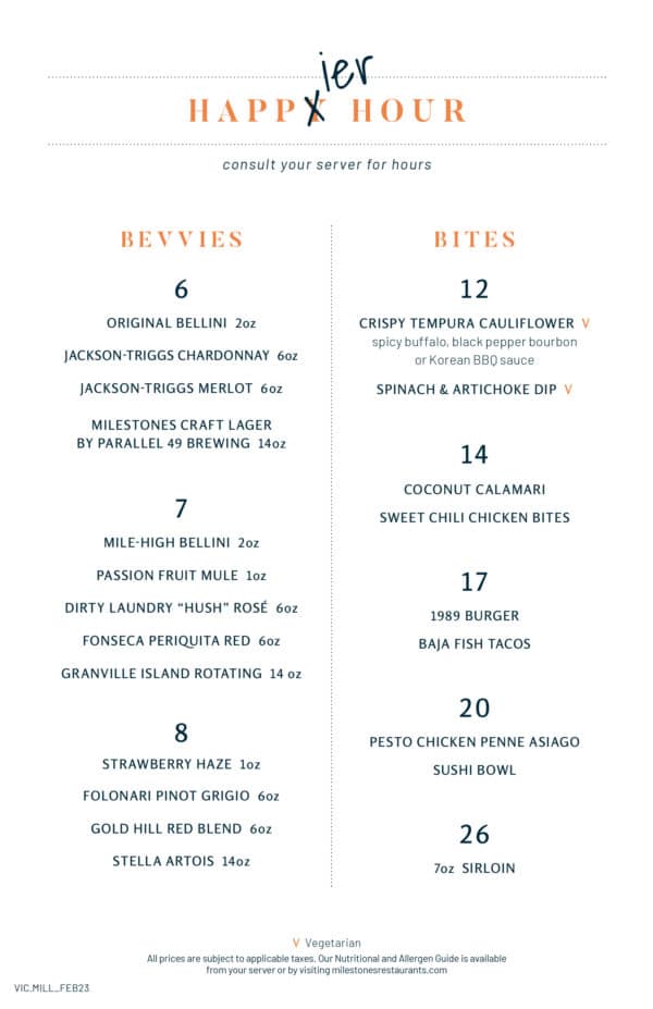 Milestones Menu in Victoria Milestones Grill & Bar