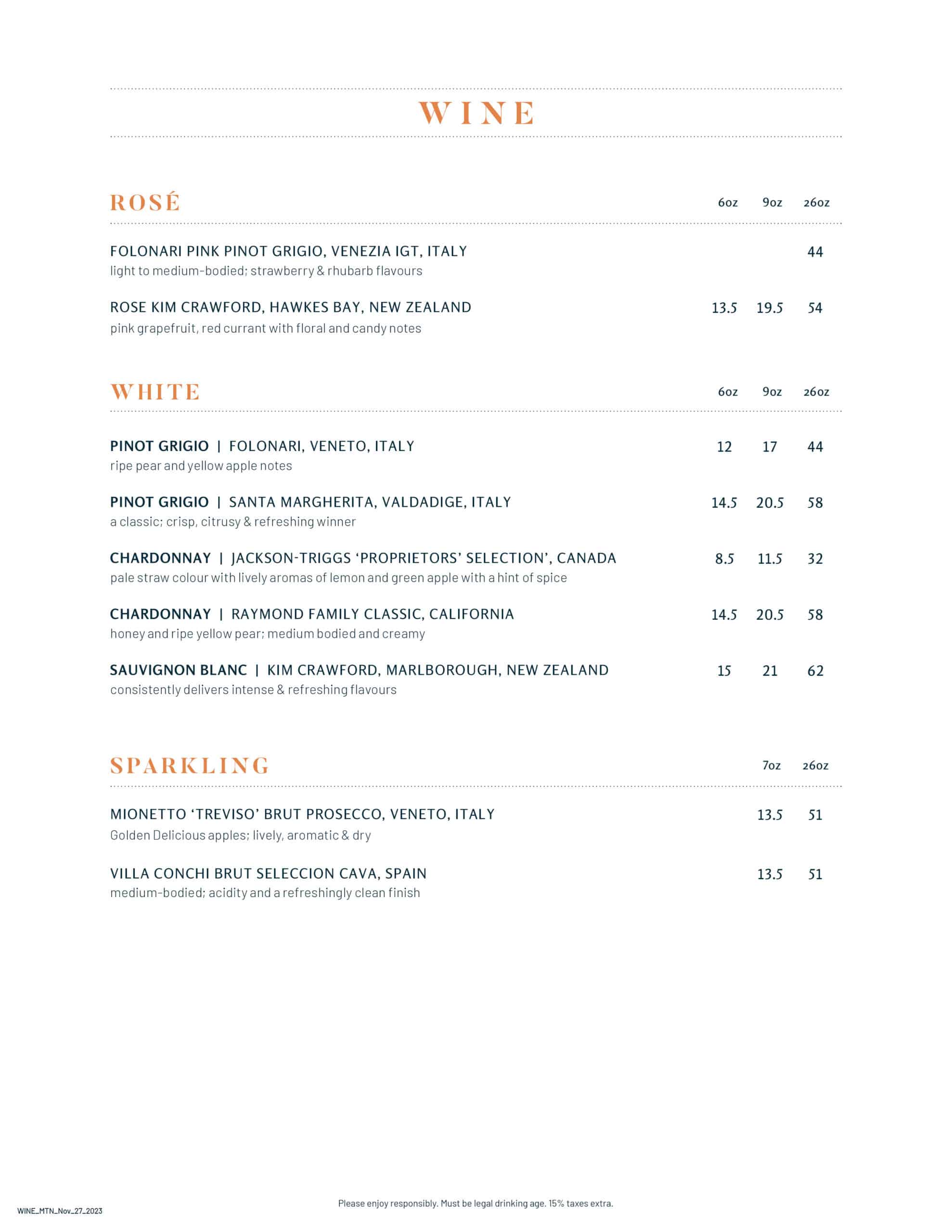 Wine and drinks menus - Moncton