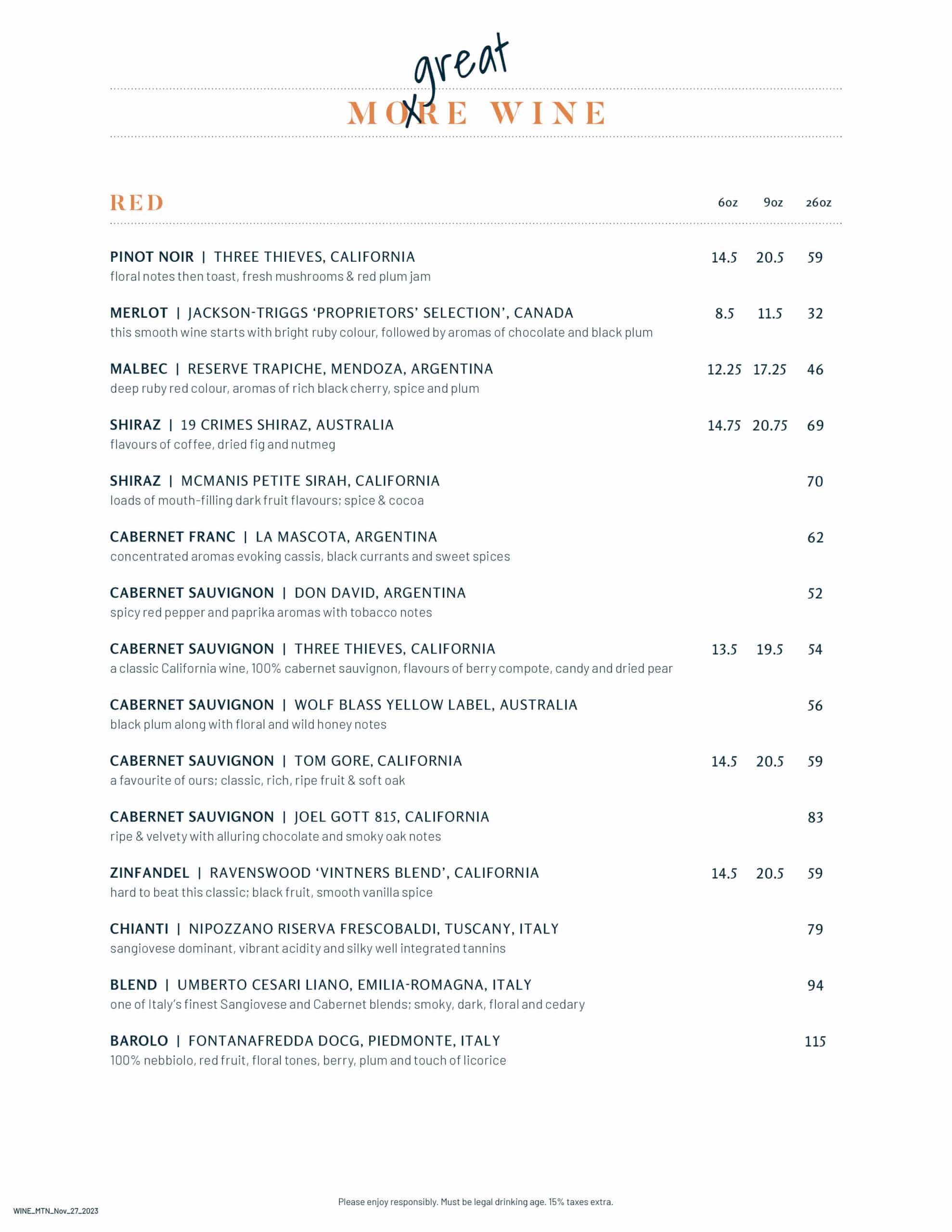 Wine and drinks menus - Moncton