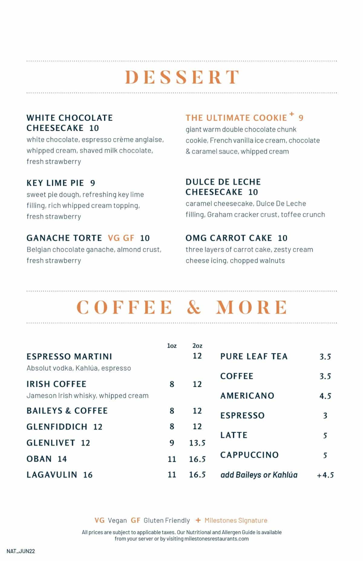 Milestones Menu in Victoria Victoria Grill & Bar