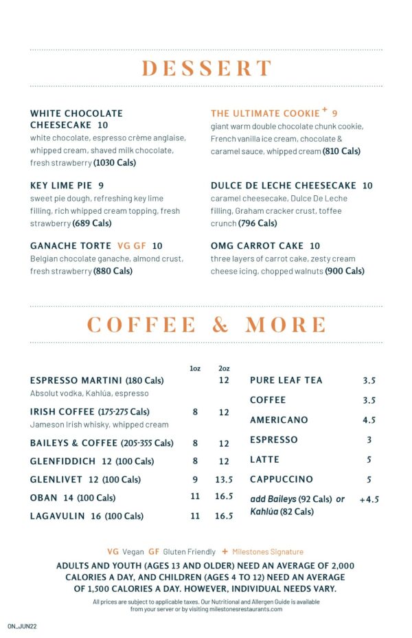 Milestones Menu in Kanata Kanata Centrum Grill & Bar