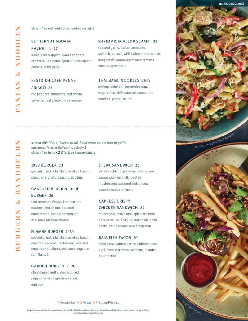 Milestones Menu in Victoria Milestones Grill & Bar
